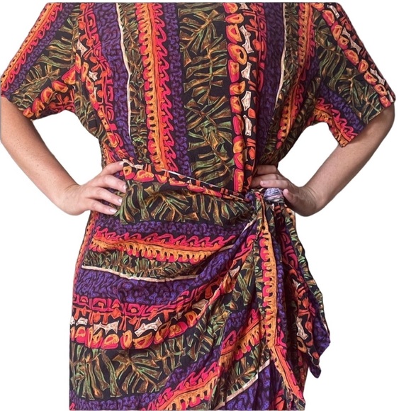 Vibrant gorgeous vintage wrap around maxi dress multicolor tropical tribal print - Picture 3 of 10